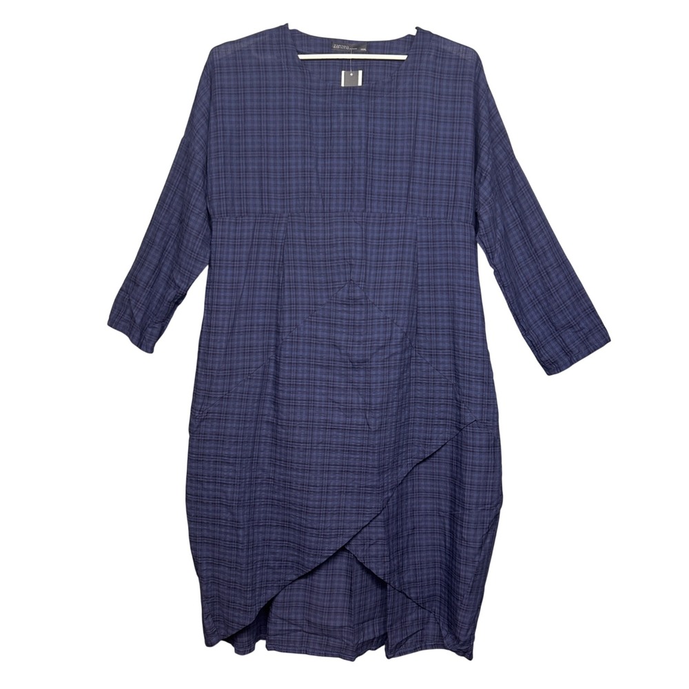 Zanzea Plaid Dress Women 3XL Blue NWT Tulip Asymmetrical Hem Lagenlook Mori Girl